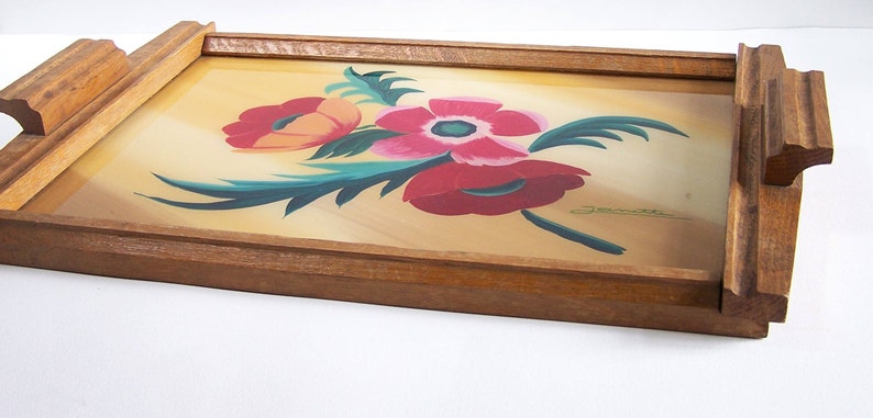 Art Deco wooden tray painting of flowers signed Janette oak tray vintage 1930 Made in France image 3