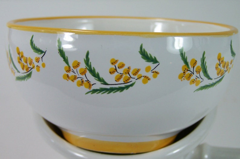 Little yellow ceramic bowl hand painted mimosa pattern by Pr\u00e9-Vert workshop in R\u00e9chastel vintage Made in France