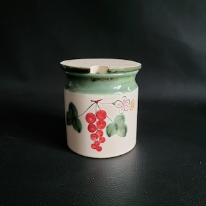 Earthenware jam jar hand painted jam jar with its lid redcurrant pattern vintage jam pot  Made in Germany