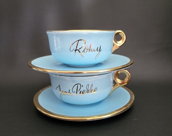Proceram tea cup NAME to CHOOSE blue and gold large cup MCM Jean-Pierre/  Romy vintage  Made in France