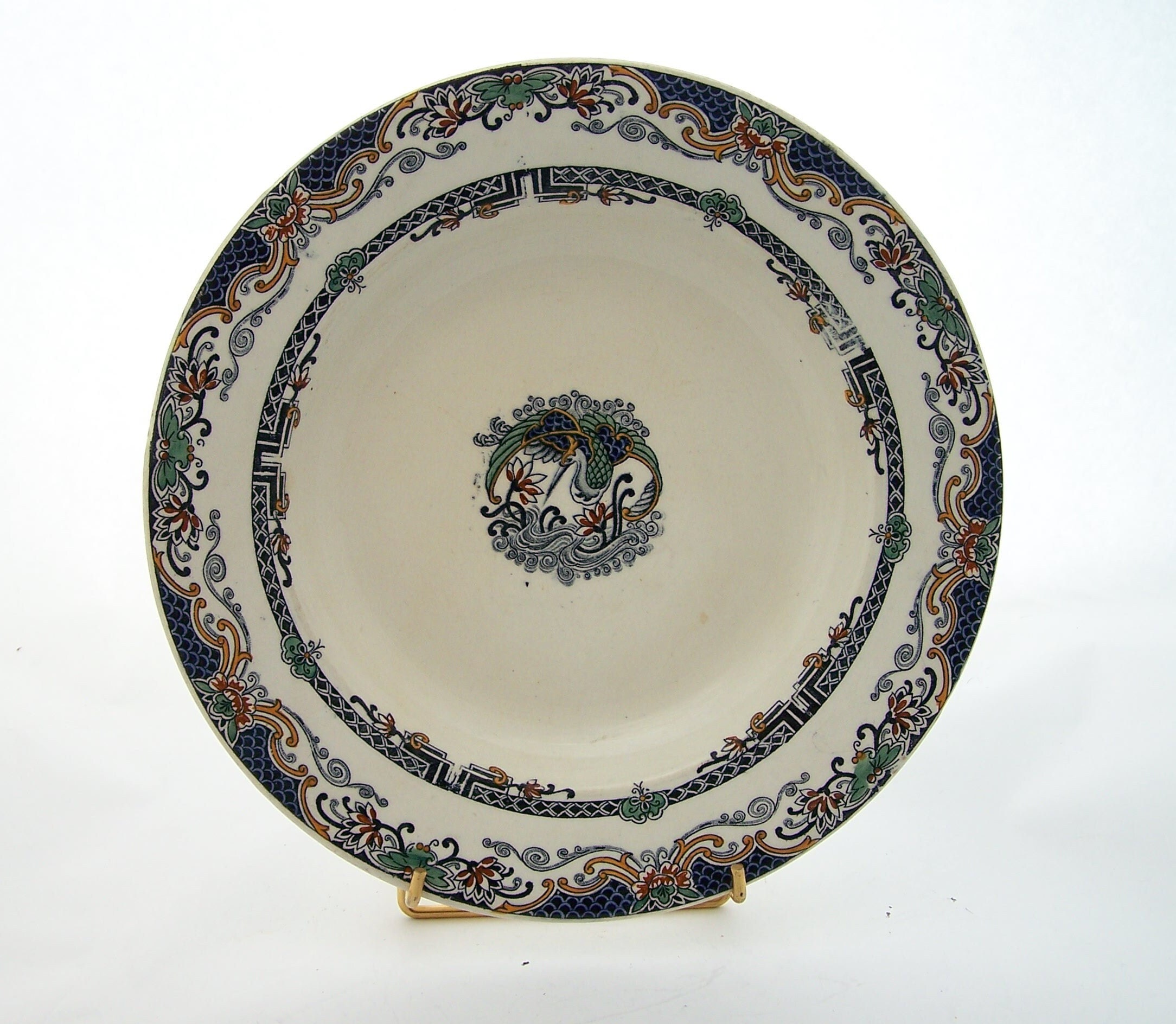 Plat Creux Grande Assiette Creuse Faïence de Longwy Décor Chinois Motif Héron 1900 Vintage Made in F