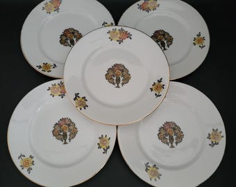 Limoges 5 assiettes à dessert décor bouquet Art Déco noir et jaune vintage M &D made in France