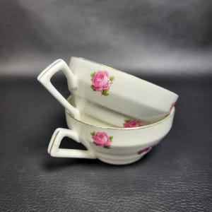 Digoin 2 coffee cups pink roses pattern staircase-shaped Digoin Sarreguemines earthenware vintage  Made in France
