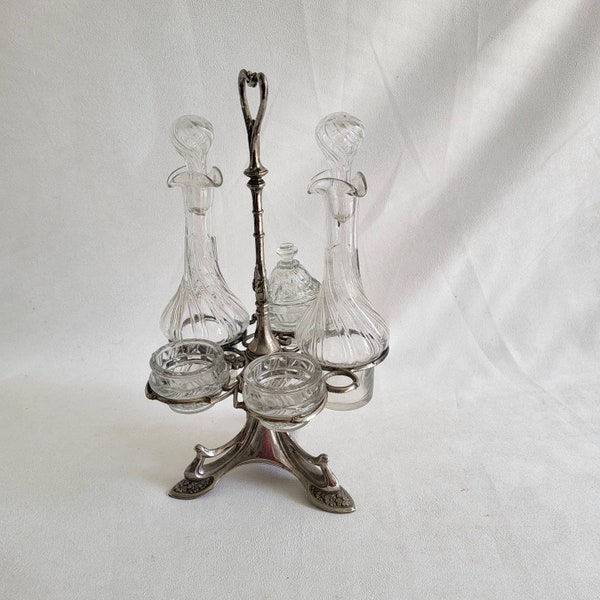 Art Nouveau French cruet set Oil and vinegar cruets 19's mustard salt and pepper glass cruets 5 glass pieces silver plated Made in France