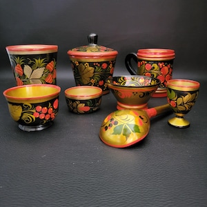 Khokhloma lidded pot tumbler mug 3 bowls egg cup spoon varnishned wooden pieces Russian folk art  black red gold hand painted vintage Russia