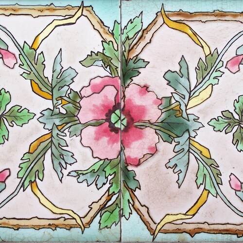 Art Nouveau Table mat poppy tile and oak tree earthenware table mat 1920 rectangular old shops table mat poppy pattern vintage