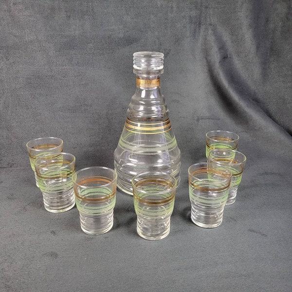 Grey-Poupon liqueur carafe and 7 tumblers  granited  glass green and gilded lines MCM carafe vintage Made in France 1950