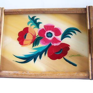 Art Deco wooden tray painting of flowers signed Janette oak tray vintage 1930 Made in France image 7