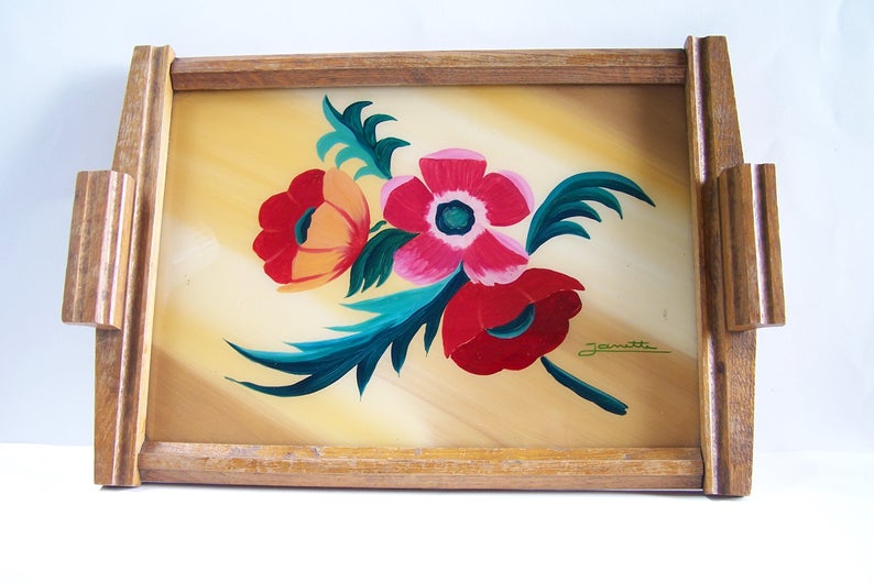 Art Deco wooden tray painting of flowers signed Janette oak tray vintage 1930 Made in France image 7