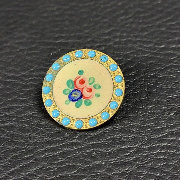 Enamel button painted on brass Bouquet of flowers on ivory background, turquoise enamel embossed on rim diameter 0.71"