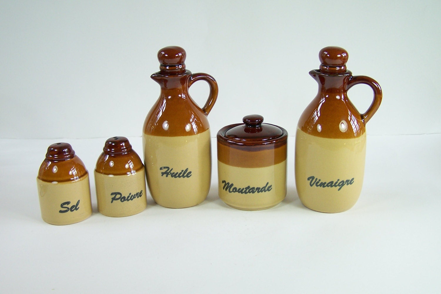 Set Complet Huile Vinaigre Sel Poivre et Moutarde Céramique Beige Marron Vintage Made in France