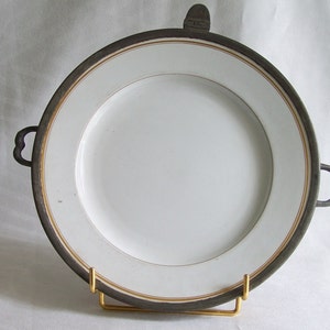Henry Hobson and sons Sheffield Victorian plate warmer  pewterware white plate gold lines decor hot water plate warming dish England