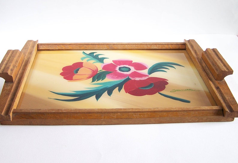 Art Deco wooden tray painting of flowers signed Janette oak tray vintage 1930 Made in France image 9