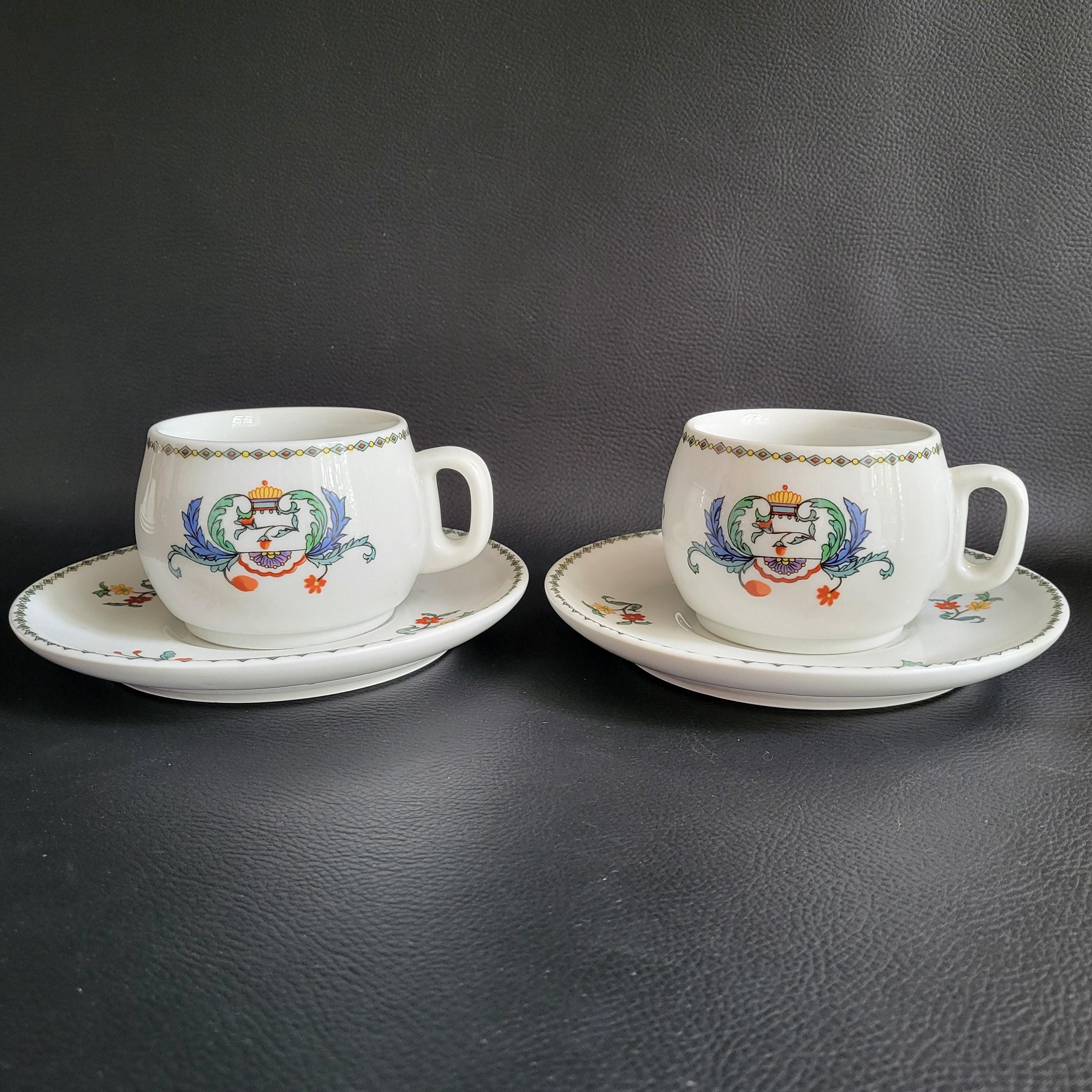 Paris Pavot Porzellan, 2 Vintage-Tassen und Untertassen, polychrom, hergestellt in Frankreich