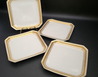 Limoges 4 square dessert or salad plates white Limoges porcelain with golden frieze signed FP Limoges vintage  Made in France