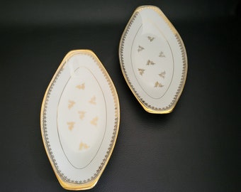 Pair of white and gold serving dishes Limoges porcelain golden frize foliage 1905/1939 vintage  Made in France