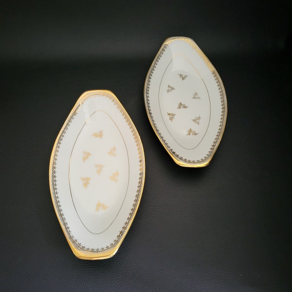 Pair of white and gold serving dishes Limoges porcelain golden frize foliage 1905/1939 vintage  Made in France