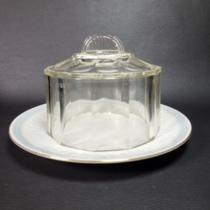 MCM molded glass cloche on Scherzer Bavaria plate white china blue and gold frieze  vintage