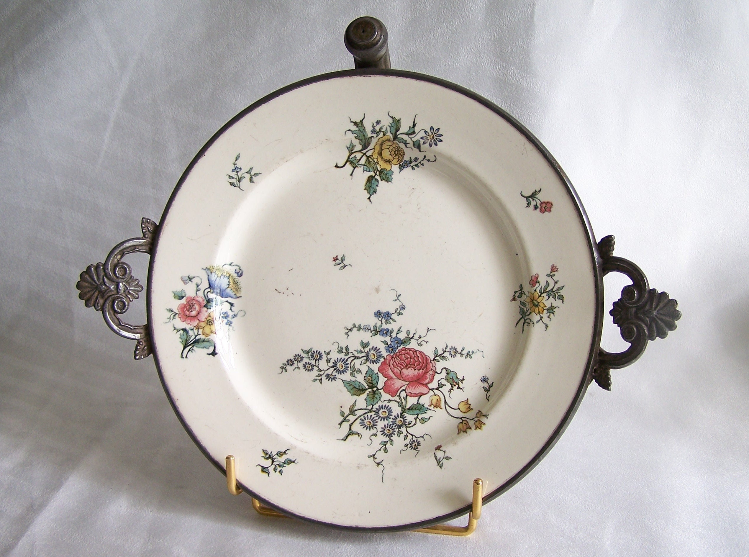 Assiette Chauffante Assiette à Bouillie Anglaise en Faïence Bouquets de Fleurs Réchaud Eau Chaude Mo