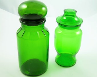 Pair of green glass jars Lever and Maxwell jars airtight lid  green glass bulb lid vintage Lever jar Made in Belgium