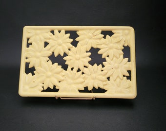 Invicta French yellow rectangular cast iron trivet yellow flowers lacquered trivet vintage Made in France