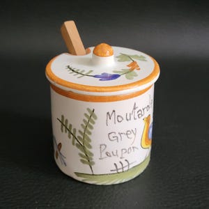 Grey Poupon Mustard jar with wooden spoon Hand painted covered pot for mustard vintage  Made in France