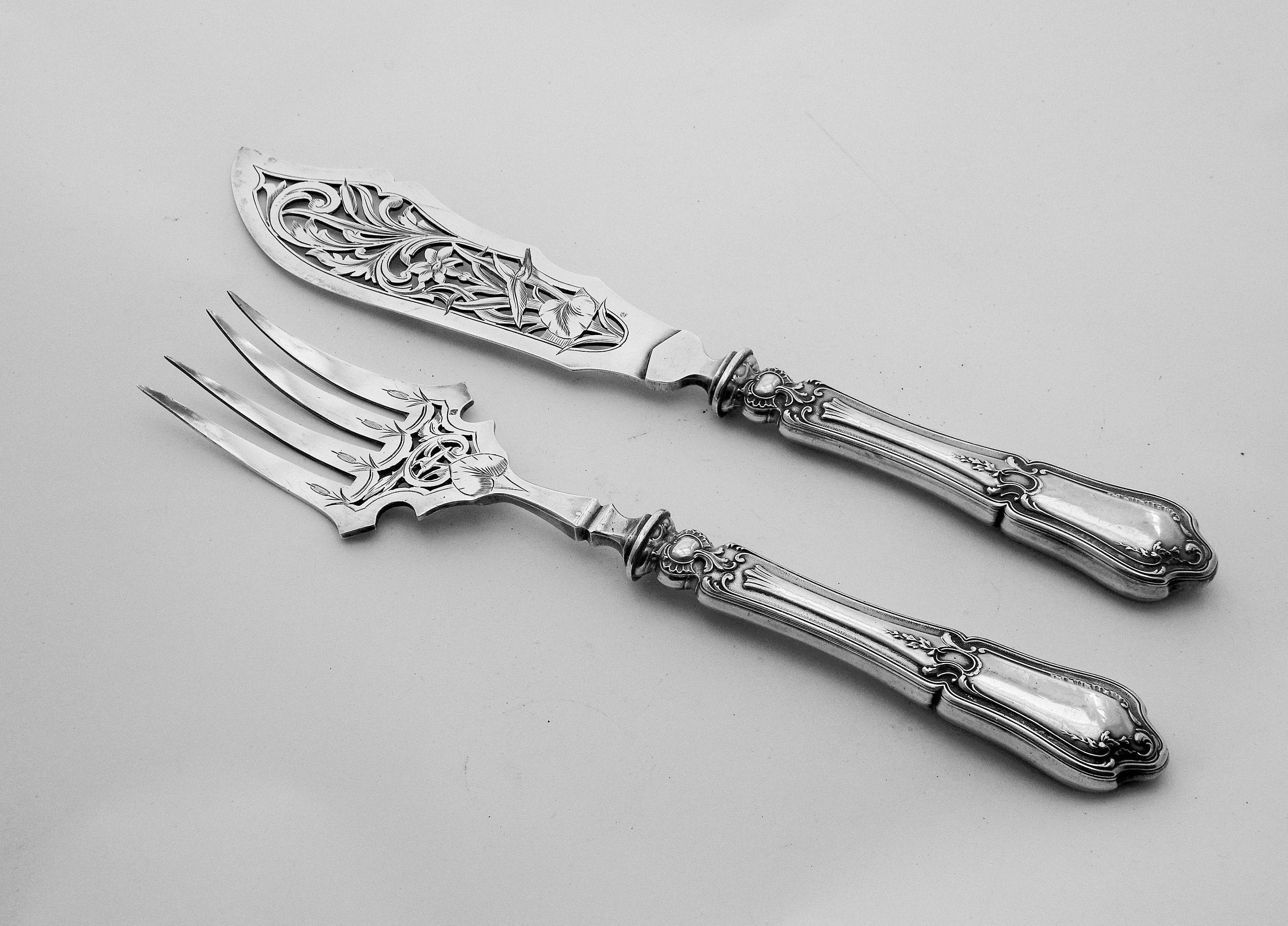 Couverts à Poisson Couverts de Service Décor Floral Ciselé Roseaux et Fleurs Plaqué Argent Orfèvreri