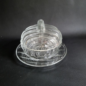 MCM Round complete glass butter dish  molded glass butter dish  vintage