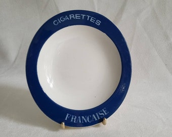 French ashtray for a French brand of cigarettes "Francaise" Moulin des Loups earthenware white and blue ashtray 1960 vintage Made in France