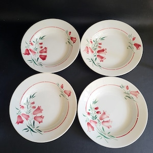 Peut inclure: Un ensemble de quatre assiettes rondes en céramique blanche, chacune ornée d'un motif floral délicat de fleurs roses en forme de cloche avec des feuilles vertes. Un fin trait rouge circulaire souligne le bord de chaque assiette.