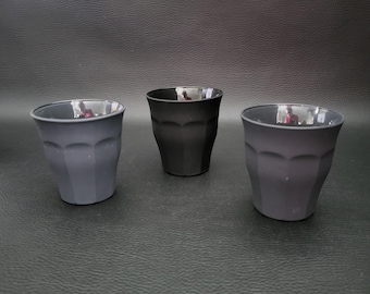 Duralex 3 Picardie Soft Touch koffiekopjes, 2 grijze en 1 matzwarte vintage, gemaakt in Frankrijk.