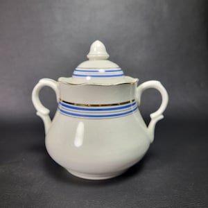 Onnaing earthenware sugar bowl white earthenware sugar bowl blue and gilded lines 1910 vintage  Made in France