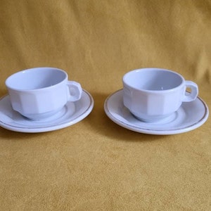 Pillivuyt pair of tea cups white cup and saucer golden edge on saucer french pub cup  Pillivuyt vintage  Made in France