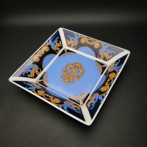 Square ashtray town of Nice blue and gold Limoges porcelain trinket bowl Nice's coat of arms vintage Made in France