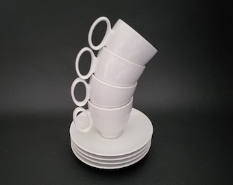 Guy Degrenne Modulo 4 white bone china coffee cups and saucers pattern vintage  Made in France