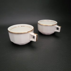 2 coffee cups French bistrot set white porcelain with golden lines vintage