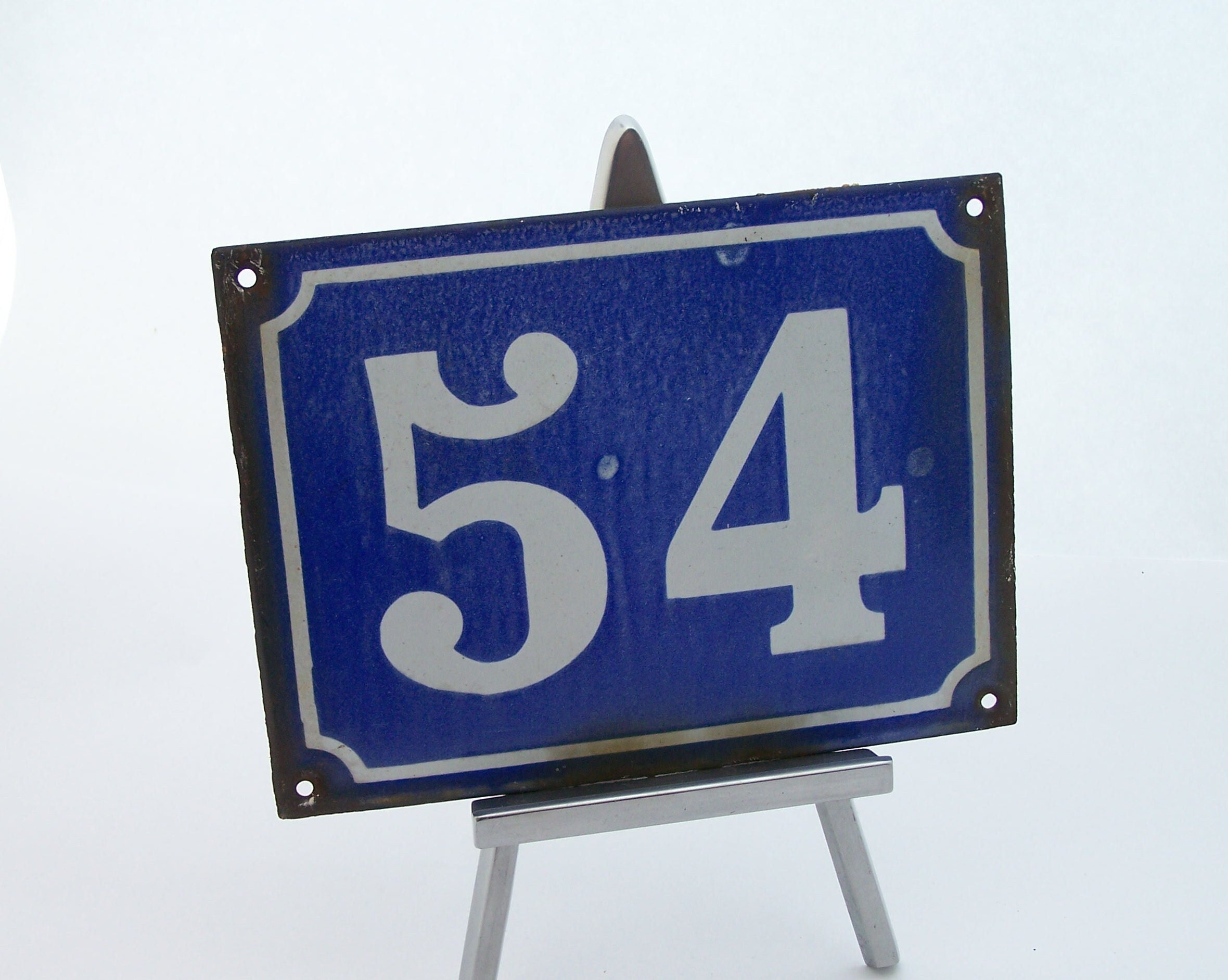 Numéro 54 Numéro de Rue ou Maison en Émail Plaque Émaillée Bleu Blanc Vintage Made in France