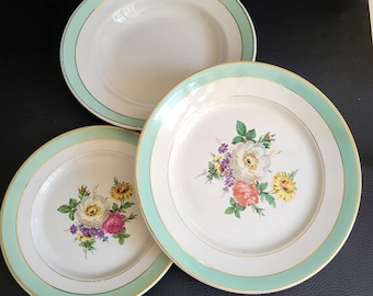 Badonviller Luneville 3 plates-flat deep dessert - flowered by Badonviller dessert plate Luneville K and G green edge vintage Made in France