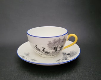 Limoges tea cup and saucer ducks pattern blue rim yellow handle Limoges porcelain signed LS vintage  Made in France