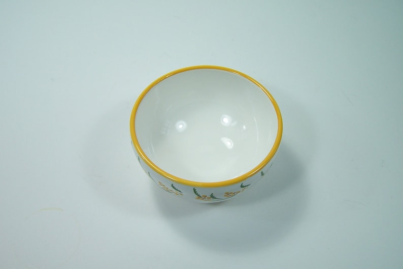 Little yellow ceramic bowl hand painted mimosa pattern by Pr\u00e9-Vert workshop in R\u00e9chastel vintage Made in France