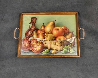 Art Deco glass and wooden tray with a paper decor 2 Art Deco metal handles color service tray 1930  vintage  Made in France