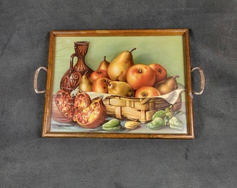 Art Deco still life with fruits tray glass and wooden tray with a paper decor Art Deco metal handles color service tray 1930 vintage