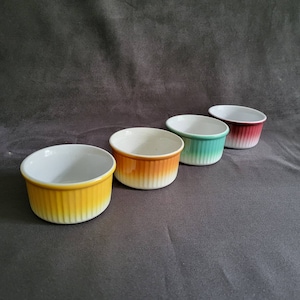 4 shading colored ramekins yellow orange red green ramekins white inside vintage  Made in France
