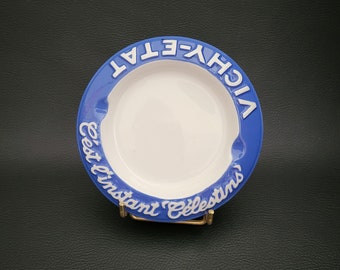 Vichy Etat ashtray Moulin des Loups earthenware advertising item white and blue ashtray 1960 vintage  Made in France