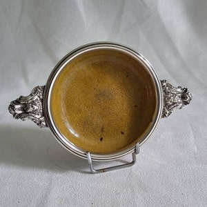 Rare ! Sterling silver 925 ashtray yellow ceramic ashtray in silver frame  vintage