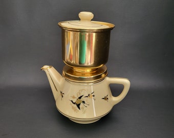 Salam teapot or coffee pot with gilt filter Salam 4 cups china Limoges enamel gilt and black storks teapot vintage 1950 Made in France