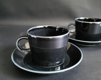 Teema Arabia Finland 2 black tea cups and saucers Scandinavian tea set for 2 Made in Finland vintage