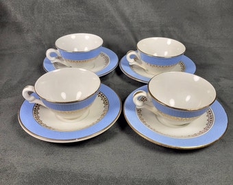 4 coffee cups and saucers Cafés Gilbert blue edge and golden frieze honeycomb-shaped earthenware Gilbert  coffees vintage  Made in France