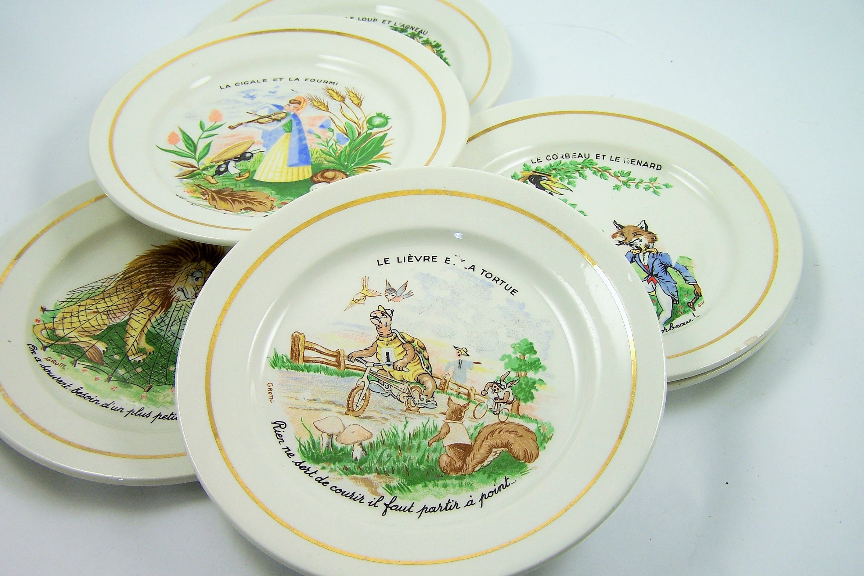 6 Assiettes Parlantes Les Fables de La Fontaine Keller et Guérin Demi-Porcelaine Lunéville Vintage M