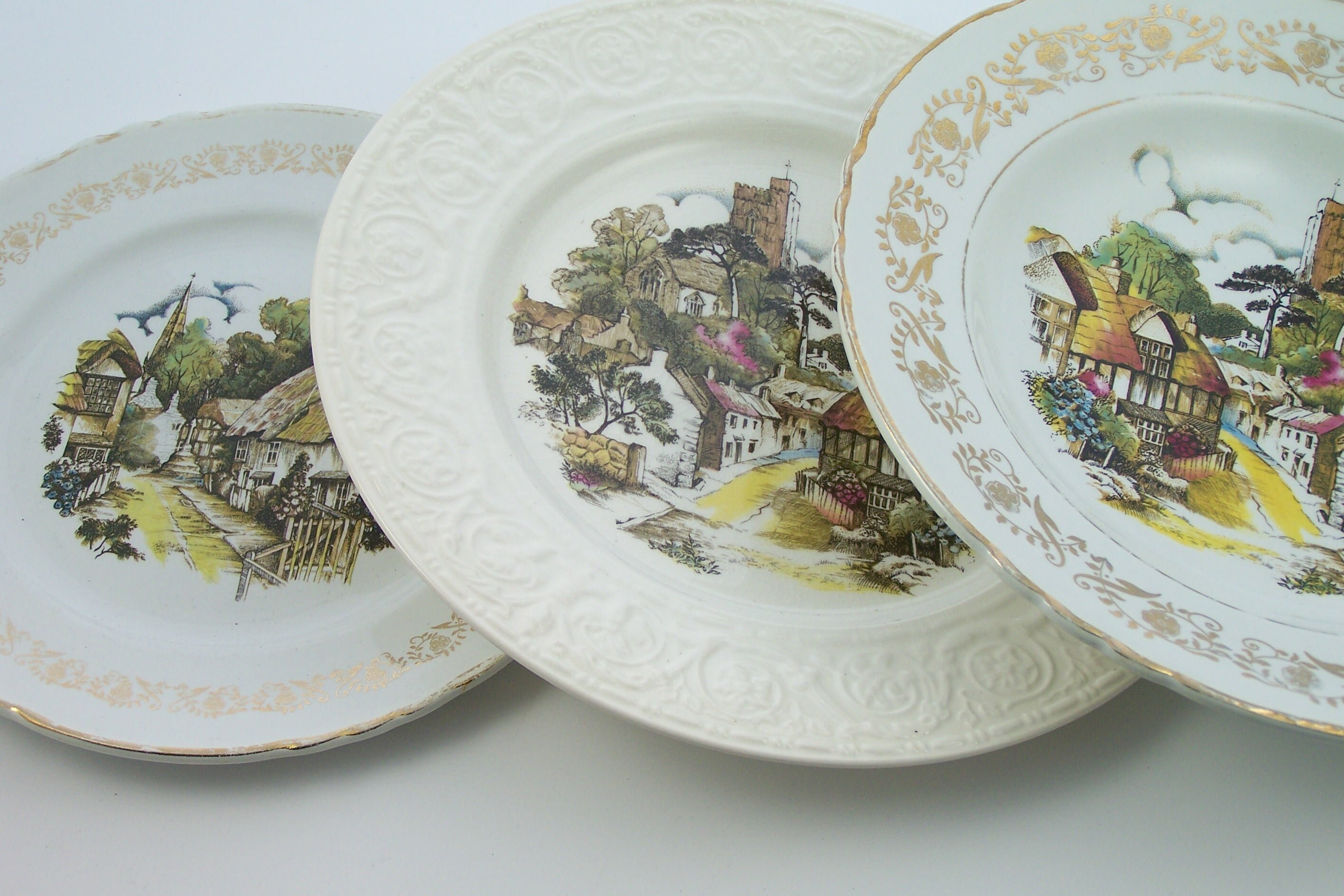 Trio d'assiettes Décor Anglais -Plate Creuse Dessert - Moulin Des Loups Crown Devon Marli Or de Chau